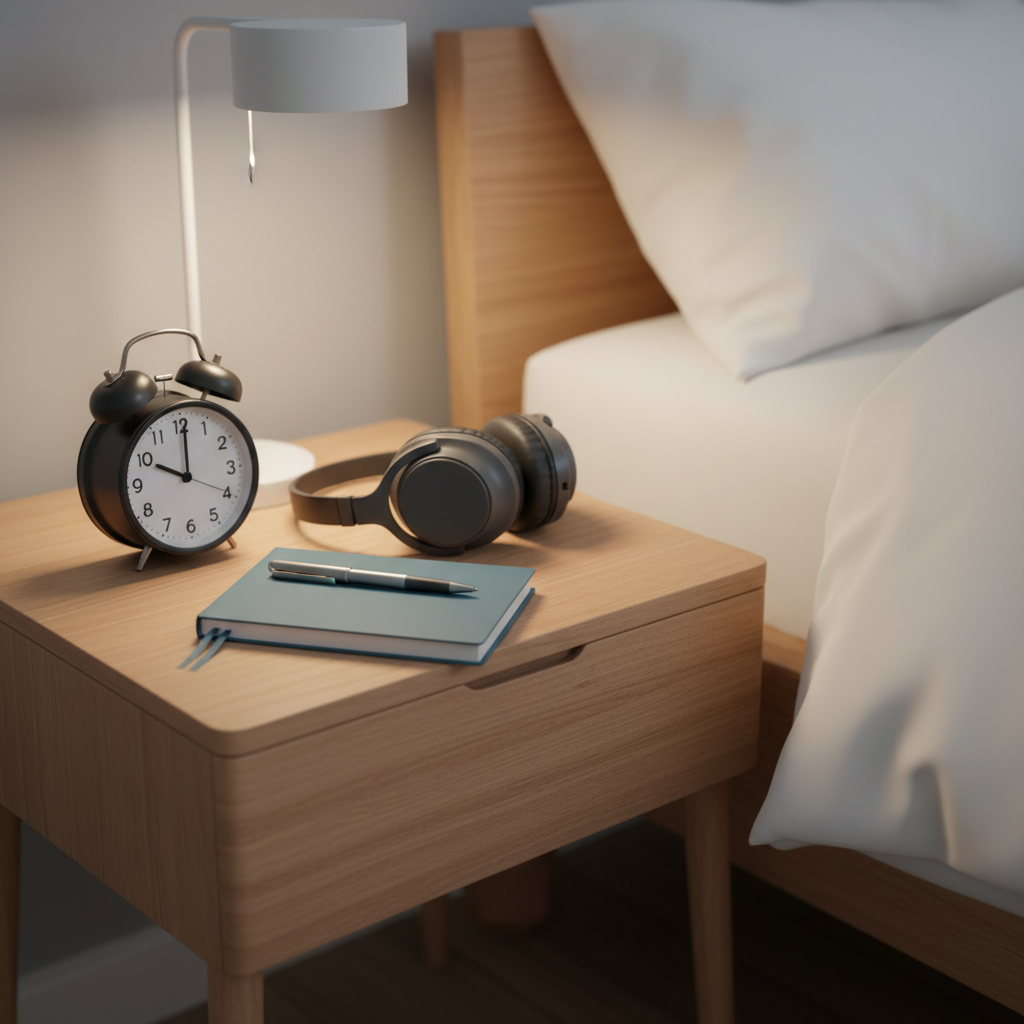 A tidy bedside table holding an analog alarm clock showing 7:00, a pair of noise-cancelling headphones, and a slim, muted-blue sleep journal with a pen resting diagonally across it. The table surface is smooth light oak, next to a neatly made bed with crisp white linens. Soft, warm bedside lamp light creates a gentle pool of illumination, fading into a dim, uncluttered bedroom background. The mood is calm and restorative, emphasizing healthy sleep routines during weed withdrawal. Photographic realism, slightly elevated angle, rule-of-thirds composition, and subtle vignetting focus attention on the sleep tools while the background remains softly blurred, projecting a professional, reassuring, and organized atmosphere.