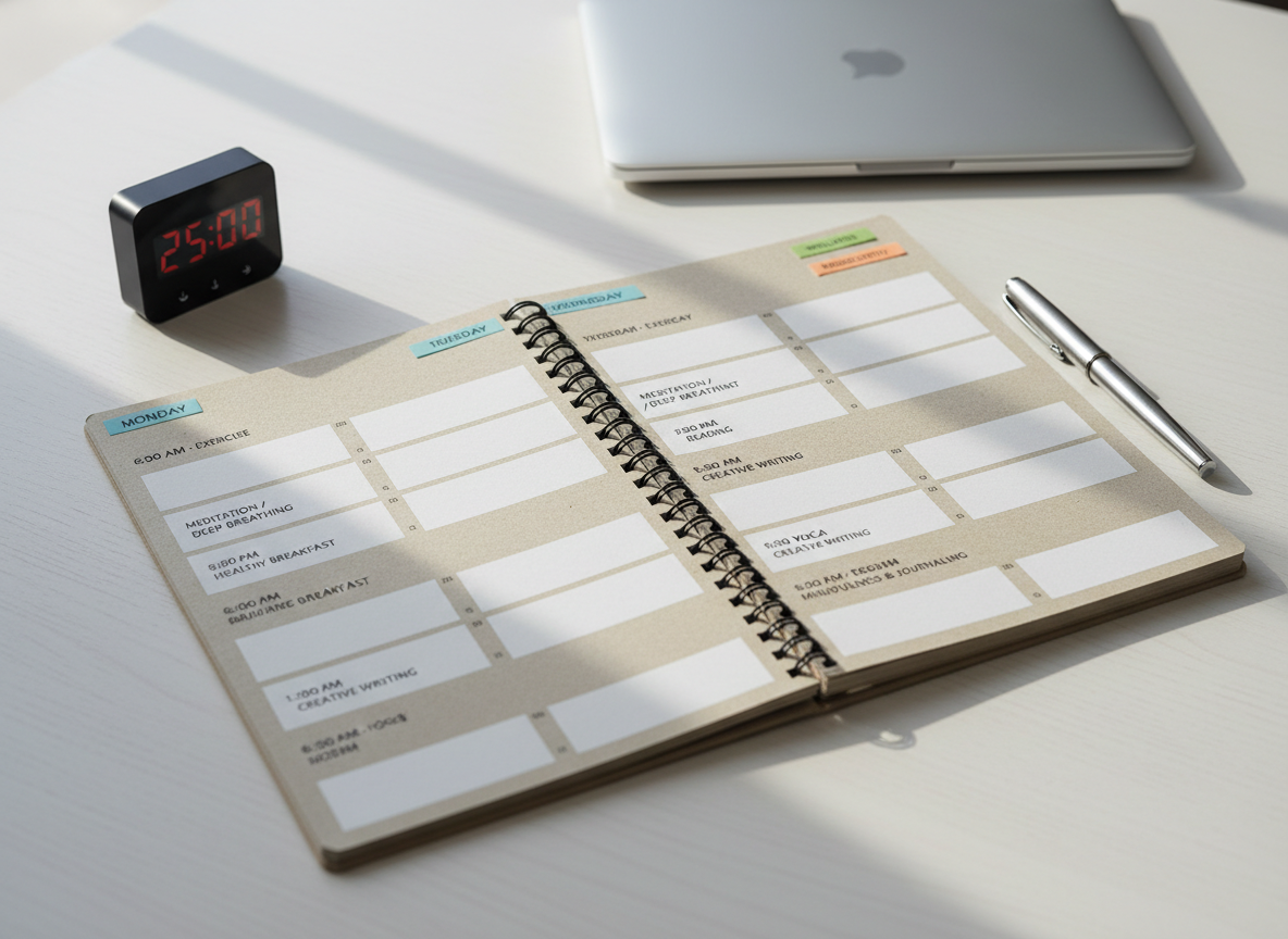 A structured weekly planner laid open on a smooth white table, its pages filled with neatly printed time blocks labeled with activities like “exercise,” “reading,” and “deep breathing.” Color-coded sticky tabs mark key sections, and a slim silver pen lies parallel to the planner’s spine. Beside it, a small digital timer displays 25:00, hinting at focused, intentional time management. The background shows a blurred laptop closed and pushed aside, keeping attention on the planner. Soft daylight from a side window casts controlled shadows across the pages. Photographic realism with a slightly angled overhead shot emphasizes order and clarity. The mood is organized, empowering, and practical, representing structured routines that support quitting weed and reclaiming daily life.