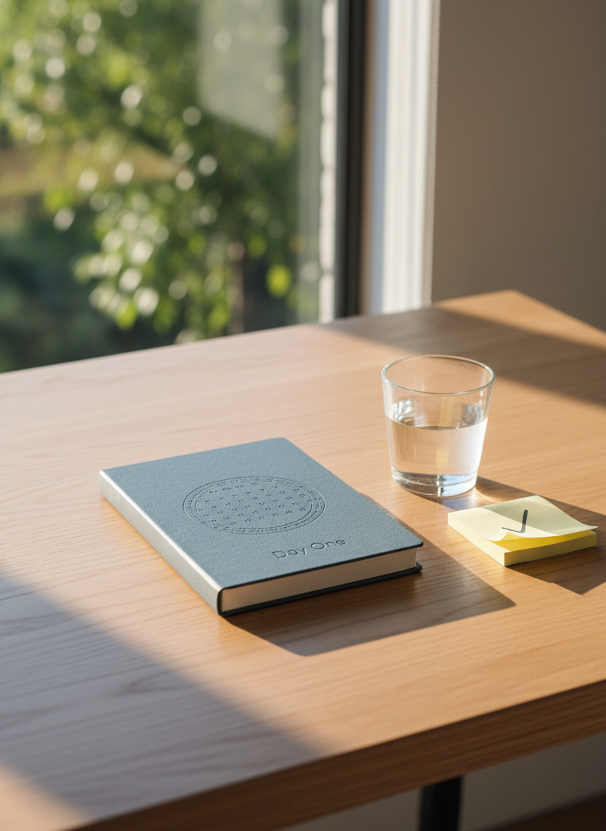 A clean, empty wooden desk with a single closed notebook on top, its cover showing a subtle embossed calendar and the words “Day One”. Next to it rests a small glass of clear water and a neatly folded sticky note with a hand-drawn checkmark. The desk sits near a large window overlooking soft-focus greenery, with gentle morning sunlight streaming in, casting long calm shadows and warm highlights on the wood grain. Photographic realism, eye-level composition with a shallow depth of field keeps the notebook sharply in focus while the background blurs. The atmosphere is hopeful and orderly, suggesting a fresh start and commitment to quitting weed in a professional, clean, modern setting.
