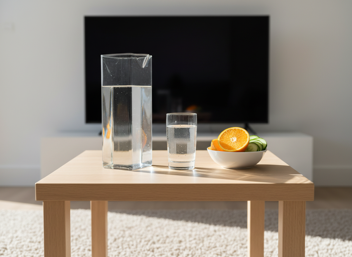 A minimalist coffee table featuring a crystal-clear glass pitcher filled with water, a tall glass half full, and a small bowl piled with vibrant fresh orange slices and cucumber rounds. The table stands on a neutral rug in a bright living room, with a distant, slightly blurred television screen turned off, symbolizing distraction-free time. Natural midday light pours in from an unseen window, creating crisp reflections in the water and gentle shadows on the table’s edge. Photographic realism with a centered composition and medium depth of field highlights the refreshing textures and colors. The mood is clean, energizing, and health-focused, subtly communicating hydration and nutrition as tools for quitting weed and stabilizing mood.