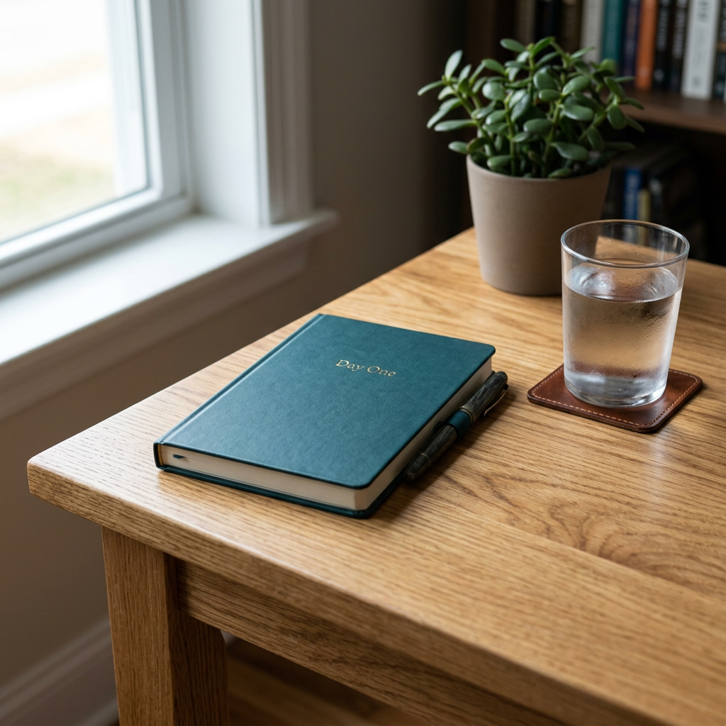Green journal titled 'Day One' with pen, glass of water on coaster, and potted plant on wooden table