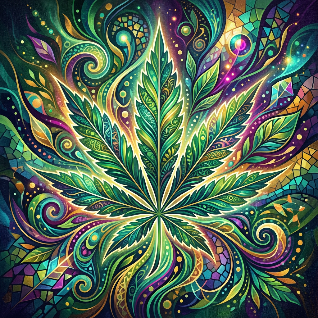 Detailed stylized green leaf with swirling colorful patterns and mosaic shapes